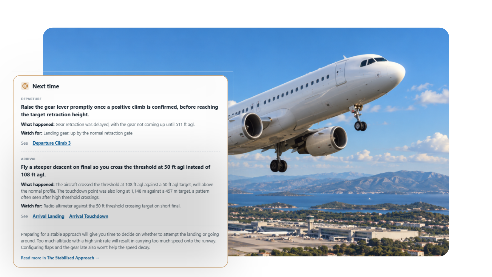 An airliner climbing after take-off beside a coaching card: retract gear by 400 feet
